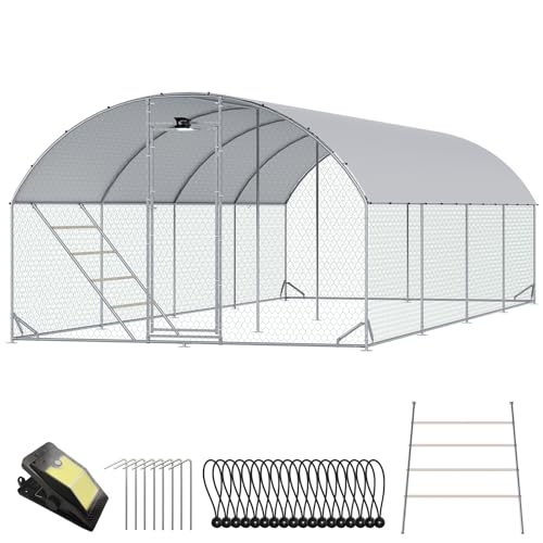 CHIKENCOOP 26x6.5x6.6ft Metal Chicken Coop, Full-Cover 4-Room Chicken Run | Four-room walk-in chicken run with full-top waterproof UV-resistant cover, solar light, support brackets, and rear poles - size: 319.0"L x 118.0"W x 78.0"H