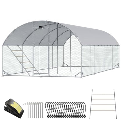 CHIKENCOOP 26x6.5x6.6ft Metal Chicken Coop, Full-Cover 4-Room Chicken Run | Four-room walk-in chicken run with full-top waterproof UV-resistant cover, solar light, support brackets, and rear poles - size: 319.0"L x 118.0"W x 78.0"H
