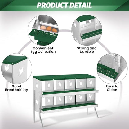 IDEALHOUSE Chicken Nesting Box, Galvanized Steel Laying Box with Rustproof & Roll-Away Egg Design, for Hens, Green 10 Compartment with Bracket - color: Green, size: 10 compartments (with bracket)