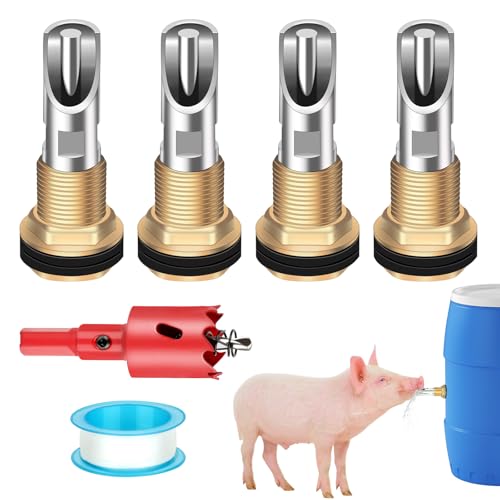 4 Pcs Pig Waterer Nipples for Barrel Kit, Stainless Steel Hog Waterer Nipples Automatic Pig Nipple Water Drinker Feeder Water System with Brass Tank Connector Kit for Piglets Goat