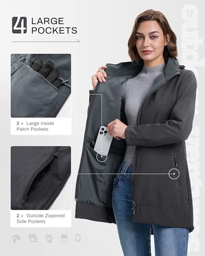 Outdoor Ventures Women's Softshell Jacket with Removable Hood Fleece Lined Windbreaker Insulated Long Warm Rain Jacket - color: Dark Grey Heather, size: XX-Large