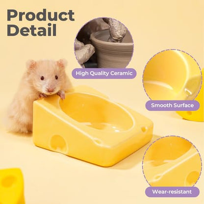 mini&moe Hamster Food Bowl - Ceramic Guinea Pig Bowl Chew-Proof Small Pet Anti-Turning Food & Water Feeding Dish for Rabbit, Gerbils, Mice, Rats, Chinchillas - 4.3in Cute Cheese-Shaped - color: yellow