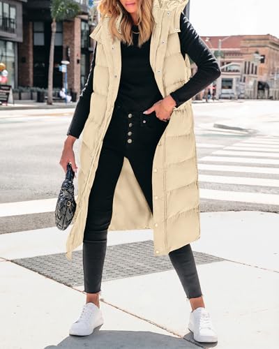 BTFBM Long Puffer Vest Women Quilted Hooded Button Down Zip Up Sleeveless Vests Outerwear Padded Jacket Fall Winter Coat - color: Apricot, size: X-Large