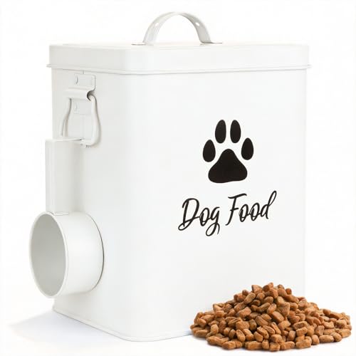 Dog Food Container 6.6lb, Cute Airtight Pet Treat Storage Containers with Metal Lid Scoop, Metal Storage Bin for Dog/Cat Durable Airtight Great Gift for Pet Owners-White - color: White-M