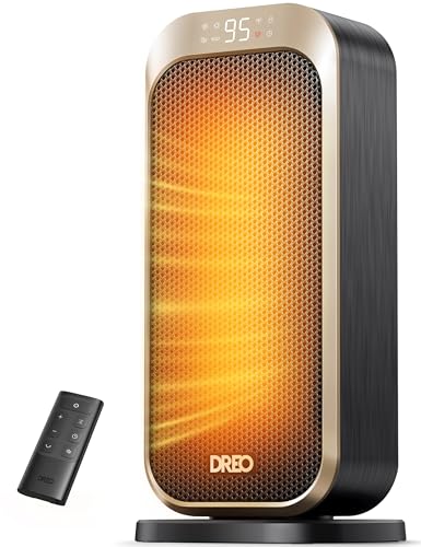 DREO Space Heaters for Indoor Use, 1500W Portable Electric Heater with Remote and Thermostat, PTC Ceramic, Safety Heat with 70° Oscillation for Bedroom Office Home, Quiet, 12H Timer - color: Gold