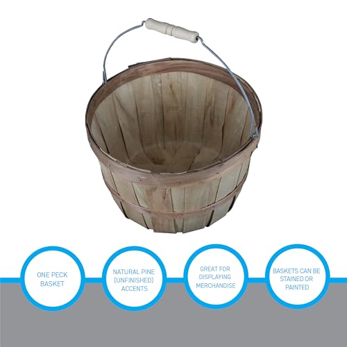 SSWBasics One Peck Basket With Handle - Set of 3 - Natural Unfinished Pine Wood Apple Basket - Durable Bushel Baskets for Produce Display - Ideal for Retail, Thrift, Boutique, Convenience Store,