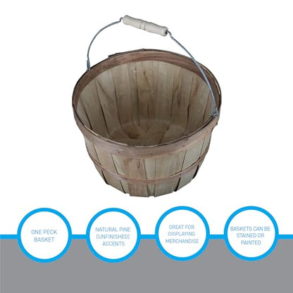 SSWBasics One Peck Basket With Handle - Set of 3 - Natural Unfinished Pine Wood Apple Basket - Durable Bushel Baskets for Produce Display - Ideal for Retail, Thrift, Boutique, Convenience Store,