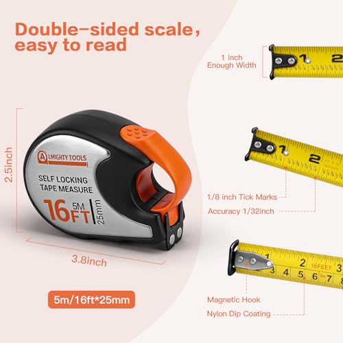 Tape Measure 16ft/5m Self-Locking, Retractable Tape Measure with Fractions, Imperial/Metric Scale, Magnetic Hooks, Rubber + Stainless Steel Case for Home, Construction & DIY (16ft self-Locking) - size: 16ft self-locking
