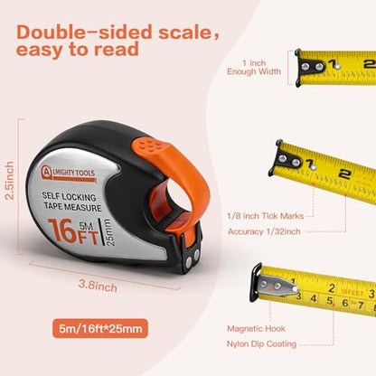 Tape Measure 16ft/5m Self-Locking, Retractable Tape Measure with Fractions, Imperial/Metric Scale, Magnetic Hooks, Rubber + Stainless Steel Case for Home, Construction & DIY (16ft self-Locking) - size: 16ft self-locking