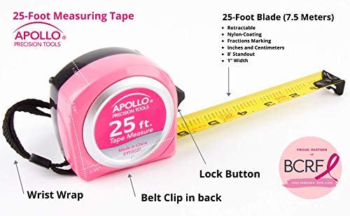 Apollo Tools Measuring Tape, 25 Foot Tape Measure with Retractable Blade, Fraction Markings, 1 Inch Nylon Blade, 8 Foot Standout, Lock Button and Belt Clip - Pink Ribbon - Pink - DT5002P - color: Red