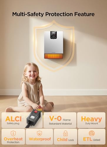 Wall Heater for Bathroom, 1500W Fast Heating Electric Space Heater with ALCI Plug, Adjustable Thermostat, 3 Heating Modes, 24H Timer, Easy Mounted Heater for Indoor Use, Home, Office, Silver - color: Silver