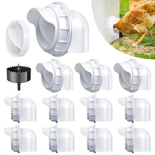 Chicken Feeder Port, 12 Pack Chicken Feeders No Waste with 12 Lids 1 Drill Bit, DIY Automatic Poultry Feeder Cups Kit, Chicken Bucket Feeder for Barrels (White) - color: White, size: 12 pack