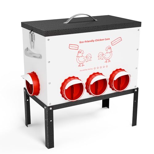 Automatic Chicken Feeder No Waste 50 Pounds 8 Ports Metal Poultry Feeder with Latch & Handle Adjustable Height Heavy-Duty Stand - Outdoor Feeding Station for Chickens, Ducks & Geese(Black-50LB-8Port) - color: Black-50LB-8Port