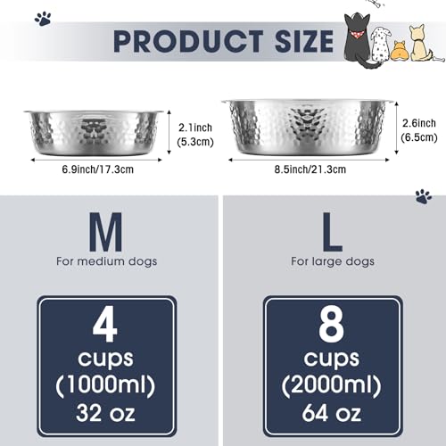 Teenyyou 8 Pcs Hammered Stainless Steel Dog Bowls 4 Cup/32 oz, 6.9 Dia Metal Pet Food and Water Bowls Bulk Thickened Durable Replacement Dish for Small Medium Large Dog (Silver) - size: 4 Cup/32 Oz, 6.9 Dia