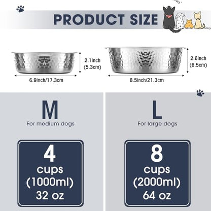 Teenyyou 8 Pcs Hammered Stainless Steel Dog Bowls 8 Cup/64 oz, 8.5 Dia Metal Pet Food and Water Bowls Bulk Thickened Durable Replacement Dish for Small Medium Large Dog (Silver) - size: 8 Cup/64 Oz, 8.5 Dia