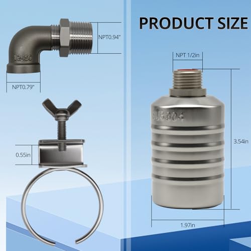 HXH 1 Pack NPT 304 Stainless Steel 1/2" to 3/4'' Water Float Valve Kit | Auto Shut off Water Level Control Float Valve, Fully Automatic water shut off valve for Pool, Livestock Troughs.