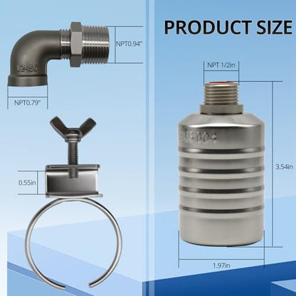 HXH 1 Pack NPT 304 Stainless Steel 1/2" to 3/4'' Water Float Valve Kit | Auto Shut off Water Level Control Float Valve, Fully Automatic water shut off valve for Pool, Livestock Troughs.