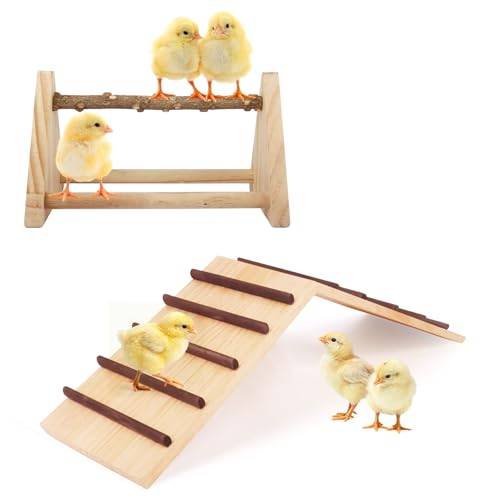 2-in-1 Chick Perch & Ramp Trainer Set, Wooden Chicken Roost Bar & Stand for Brooder Coop, Baby Chicken Supplies Toys for Chicks Ducks Quails and Small Animals