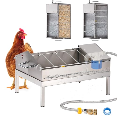 2 in 1 Automatic Chicken Waterer and Feeder, Stainless Steel Chicken Water Feeder with Float Valve Auto Fill Poultry Water Dispenser Poultry Watering Systerm for Duck Turkey Quail Pigeon