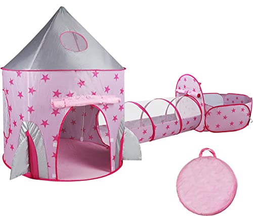 Piggy Poo and Crew Rocket Pop Up Tunnel and Tent Includes 50 Ball Pit Balls for Dogs Pigs Rabbits Cats Small Animals - color: Pink