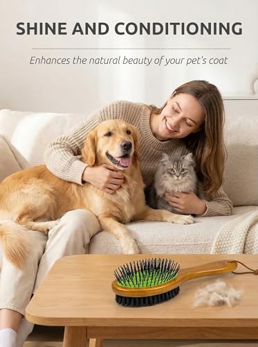 TAKAVU Pin & Bristle Pet Brush for Dogs & Cats - Double Sided Grooming Tool Detangles, Removes Loose Hair & Conditions Coat - Wood Handle - color: Black Boar Bristle & Pin Brush