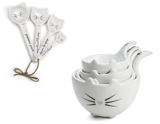 White Cat Measuring Cups & Spoons Gift Set – Ceramic Kitchen Tools for Cat Lovers & Bakers – 4 Measuring Cups and 4 Measuring Spoons – Unique Gift for Kitchen, Baking, and Cat Lovers - color: Cat Measuring Cups & Spoons Set