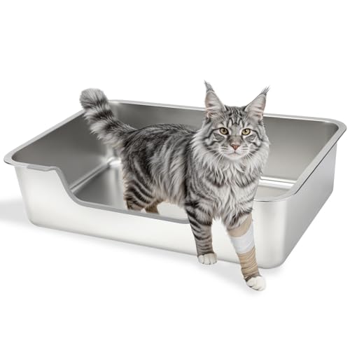 FHTONGE Low Entry Stainless Steel Cat Litter Box, Splash-Proof High Wall Metal Kitty Litter Box Kitten Toilet for Senior Arthritis Surgery Injured Disabled Munchkin Small Pregnant Cat, 23.6x15.8 - size: 23.6x15.8"(60x40cm) for Giant Cat