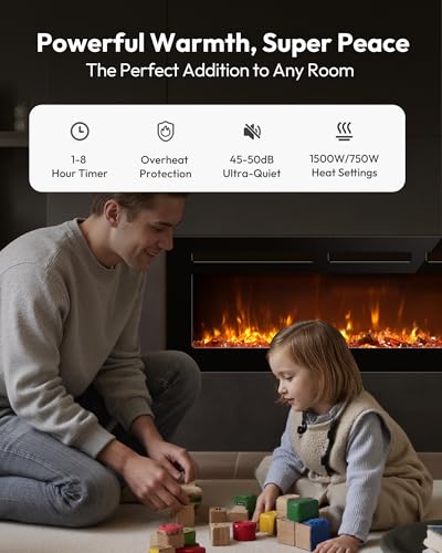 EUHOMY 50 Inch Electric Fireplace Recessed Wall Mounted with Remote Control, Fireplace Heater with Adjustable Flame Color, Linear Fireplace with Timer, Log & Crystal, 750/1500W (2026 Upgrade) - size: Upgrade 50Inch