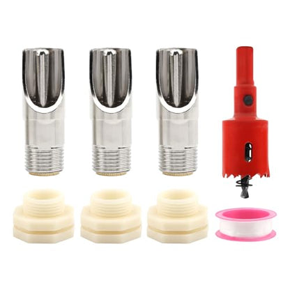 Pig Nipple Waterer for Barrel Kit, 3Pack Stainless Steel Automatic Pig Waterer System with 1 Hole Opener & PTFE Tapes, Pigs Drinker Feeder Water Tank Connector for Hog Goat Sows Piglets