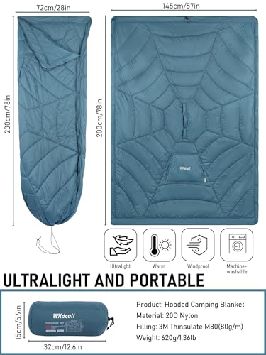 WildCall Hooded Camping Blanket with 3M Thinsulate Insulation Wearable Poncho Blanket Ultralight Foldable Quilt Sleeping Bag for Outdoor, Hiking, Stadium - color: Blue