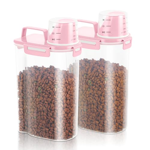 TBMAXS 2 Pack 3 Lbs Dog Cat Food Storage Containers for Travel, Portable Pet Food Storage Container, Easy-Pouring Bird Seed Dispenser, Airtight Rice Cereal Oatmeal Flour Holder -Pink - color: Pink-3L 2Pack