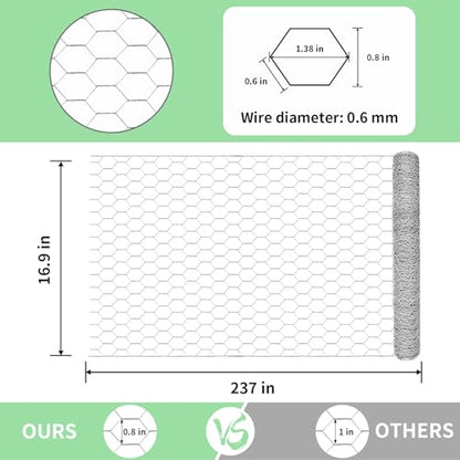 Chicken Wire 16.9 in x 237 in Poultry Wire Netting Hexagonal Galvanized Mesh Garden Fence Barrier for Pet Rabbit Chicken Fencing with 100 Pcs Cable Zip Ties - color: Silver, size: 16.9"x237"+100Ties