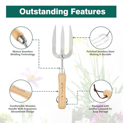 Berry&Bird Gardening Hand Fork, Stainless Steel Hand Weed Fork, Traditional Garden Hand Fork Tool with Ergonomic Ash Wood Handle for Weeding, Digging, Planting and Cultivating - size: 14.1inch