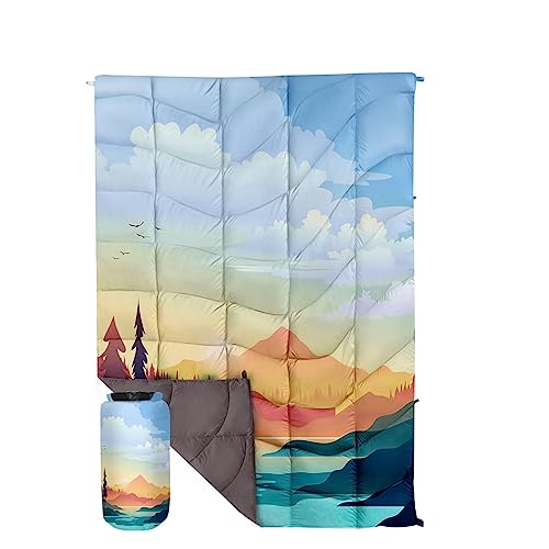 Outdoor Puffy Camping Blanket, Lightweight Down Alternative Puffy Printed Camping Large Ultra Warm Hammock Top Quilt Waterproof Blanket for Traveling Picnic Beach Party Cold Weather (Sunset) - color: Sunset