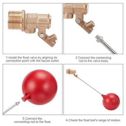 2 Pack 3/4 Inch Brass Float Valve for Water Tank, 6 Inch Float Ball with Adjustable Angle Rod Sink Trough Valve for Automatic Water Level Control