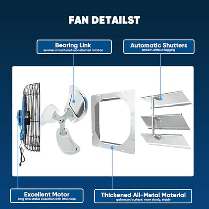 KEN BROWN 12 Inch Shutter Exhaust Fan, Gable Vent Fan, Wall Mount Ventilation, High Speed 1450 CFM, Automatic Aluminum Blades, for Garages, Shop, Greenhouse, Attic, with Power Cord - size: 12 Inch
