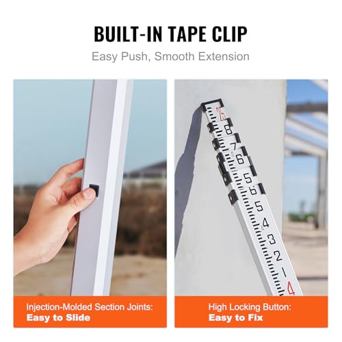 VEVOR Aluminum Grade Rod, 25-Feet/10ths 6 Sections Telescopic Measuring Rod,Double-Sided Scale 1/10ft Leveling Rod Stick,Aluminum Alloy Survey Rod w/Bubble Level &Carrying Bag for Houses,Walls,Floors - size: 25 FT-10ths
