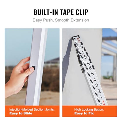 VEVOR Aluminum Grade Rod, 25-Feet/10ths 6 Sections Telescopic Measuring Rod,Double-Sided Scale 1/10ft Leveling Rod Stick,Aluminum Alloy Survey Rod w/Bubble Level &Carrying Bag for Houses,Walls,Floors - size: 25 FT-10ths
