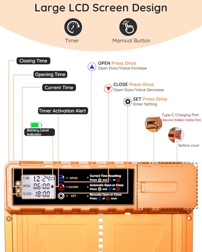 Automatic Chicken Coop Door Solar Powered - Auto Chicken Door 14.3″ x 10.9″ for Large Coop & Run, Anti-Pinch, Orange Aluminum Alloy with Secure Hidden Cable Slot, LCD Timer & Remote Control