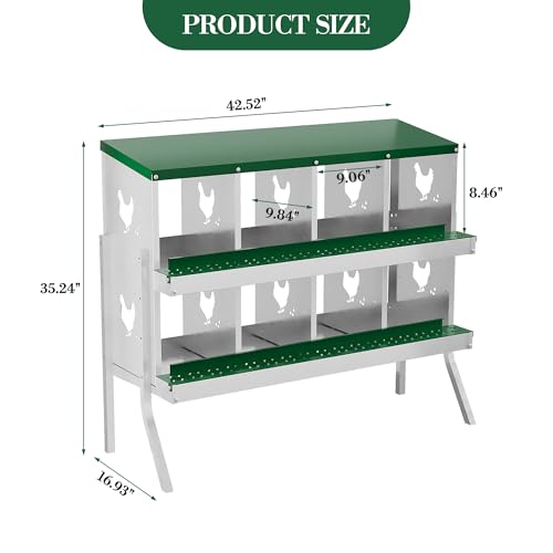 Chicken Nesting Box,8 Compartments Galvanized Steel Metal Chicken Laying Box with Roll Out Egg Collection,Wall Mount Chicken Nesting Boxes,Easy Egg Collection, Hen Roosting Boxes - color: Green, size: 8 Holes with Legs
