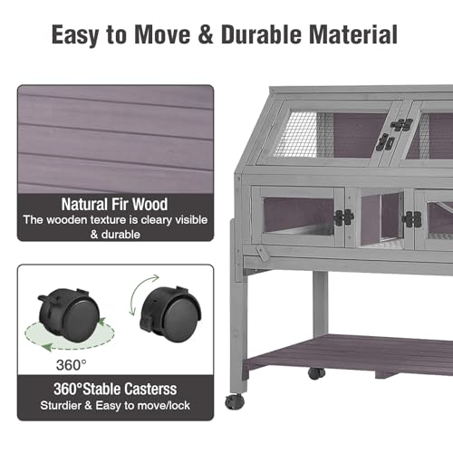 Large Guinea Pig Cages Indoor with Wheels, Wooden Rabbit Hutch with Plastic Floor and Zinc Cool Plate, Anti-Chewing Ramp, Small Animal Habitat with Leakproof Tray for Hamster, Chinchillas, Rats - color: Light Grey