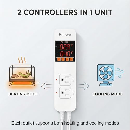 2 in 1 Digital Temperature Controller Dual Outlet Heat Mat Thermostat Reptile Greenhouse Heater Home Brewing Freezer Cooling Heating Pad Control 16A 1920W