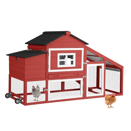 Wooden Chicken Coop, Large Chicken Tractor with Wheels, Weatherproof Hen House with Nest Box and Removable Tray, Mobile Poultry Hutch for 2-4 Chickens, Rabbits & Ducks (Red) - color: Red, size: 72.3"L x 26.0"W x 39.4"H