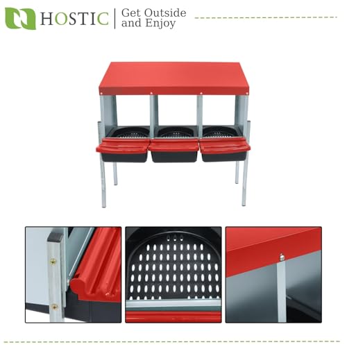 HOSTIC Red Chicken Nesting Box for Laying Egg with 3 Compartment and Metal Legs Chicken Egg Laying Box with Lid Cover