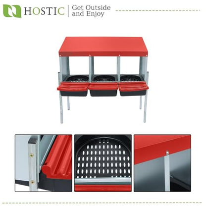HOSTIC Red Chicken Nesting Box for Laying Egg with 3 Compartment and Metal Legs Chicken Egg Laying Box with Lid Cover