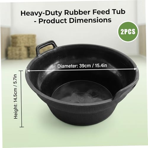2-Pack 15.4 Inch Thick Rubber Feed Pan with Handle, Stackable Animal Feeding Buckets for Horses, Goats, Chickens, Livestock Feed Bowl, & Heavy Duty