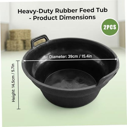 2-Pack 15.4 Inch Thick Rubber Feed Pan with Handle, Stackable Animal Feeding Buckets for Horses, Goats, Chickens, Livestock Feed Bowl, & Heavy Duty