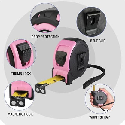 WORKPRO 16FT Pink Tape Measure, 1/8 Fractions Easy Read Measuring Tape, Retractable Nylon Coating Measurement Tape Accuracy 1/32, Magnetic Hook, Belt Clip, Rubber Protective Casing - color: Pink, size: 4.9 m