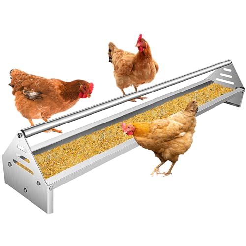 RYFT Chicken Feeding Trough 45", Heavy Duty Galvanized Steel Chicken Feeder with Crossbar, Holds 12 Chickens with Drainage Holes, Large Capacity Poultry Feeder Trough for Duck Geese Turkey Pigeon