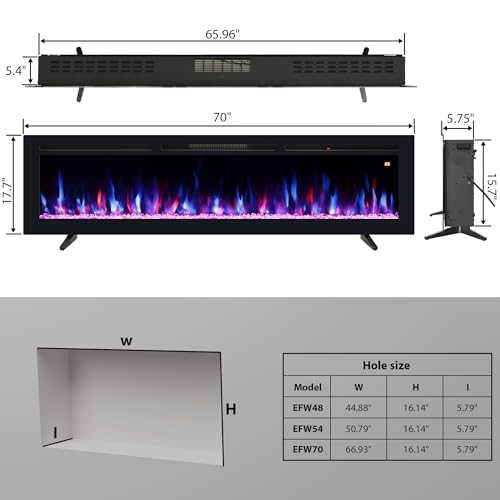 70" Electric Fireplace, Recessed, Wall Mounted and Freestanding Fireplace Heater, Adjustable Flame Color, Speed & Brightness, Thermostat, 9H Timer, Child Lock - size: 70"